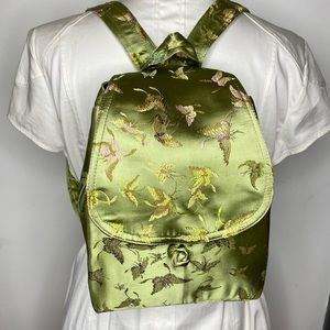 Green Floral Satin Backpack - Elegant Women’s Backpack